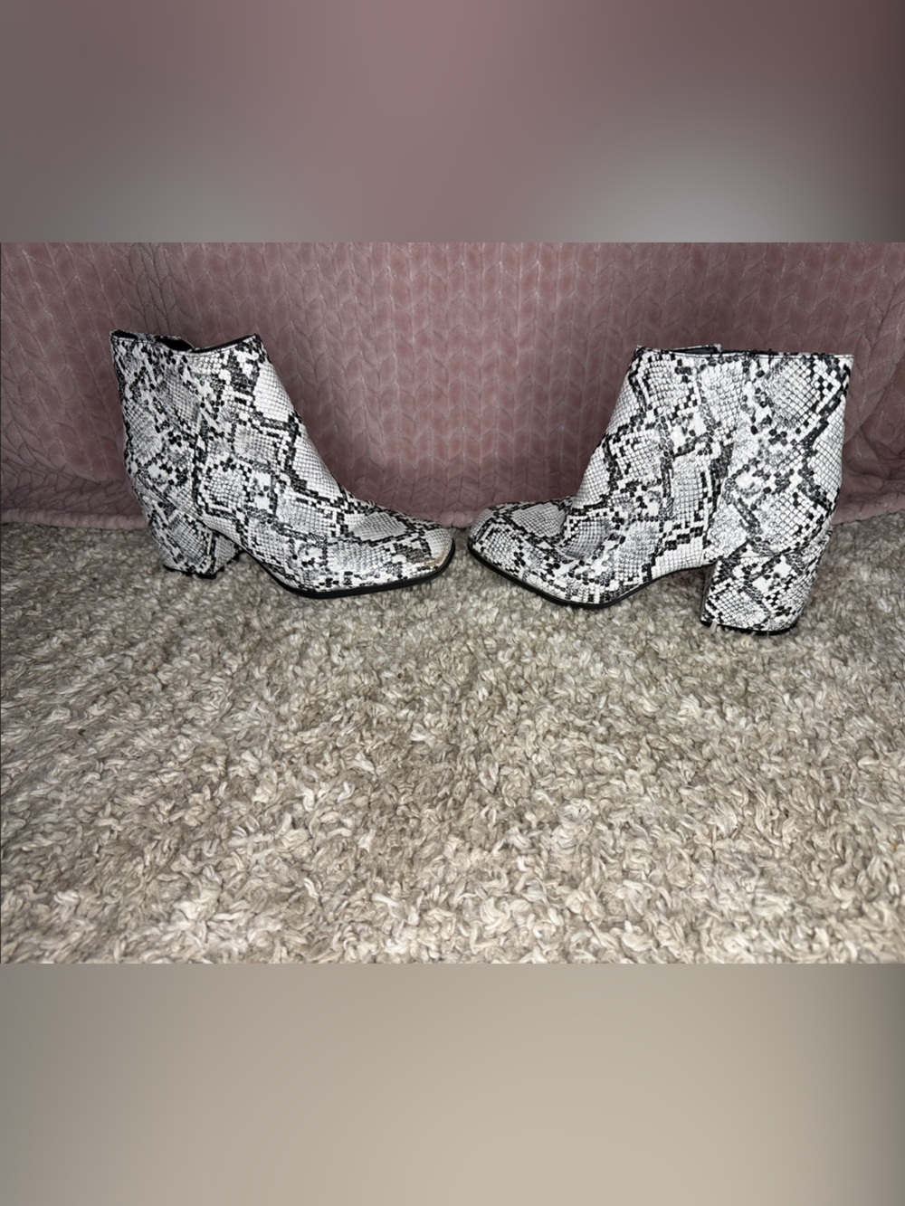Mix No.6 White and Black Snake-Print Block Heel Booties